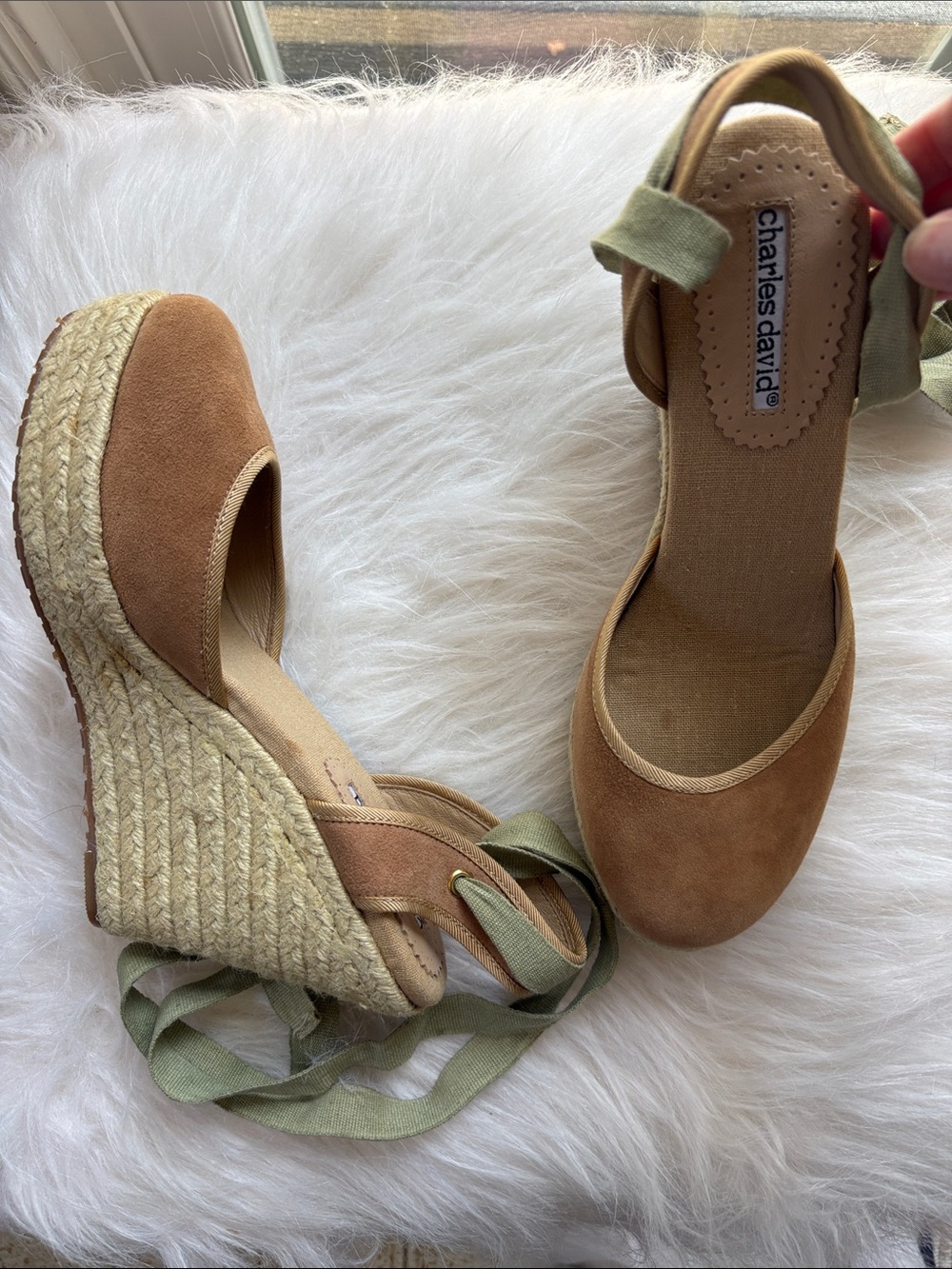 Charles David Tan Suede Espadrille Wedges with Ankle Wrap Ties